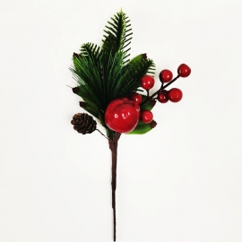 Ветка с красными ягодами и шишкой, 23 см фото
