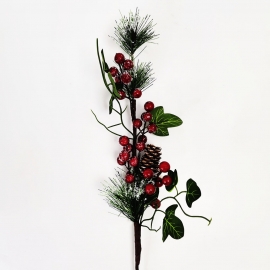 Ветка с заснеженными красными ягодами и шишками, 60 см фото