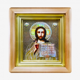 Икона "Спаситель", белая деревянная рамка, фигурный киот, полиграфия 18,5*16,5 ЯР№ИРБ-133 фото