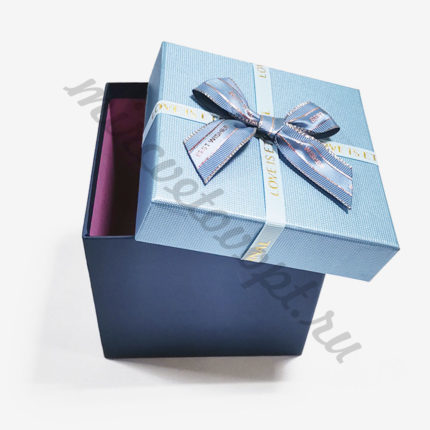 Коробка квадрат 13*13*13см Вечная любовь с бантом голубой/синий ГВ