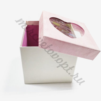 Коробка квадрат 13*13*13см с прозрачной крышкой Сердце белый/розовый ГВ